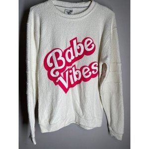 Pacific & Co Babe Vibes Sweatshirt Womens Small White Crew Neck Long Sleeve new